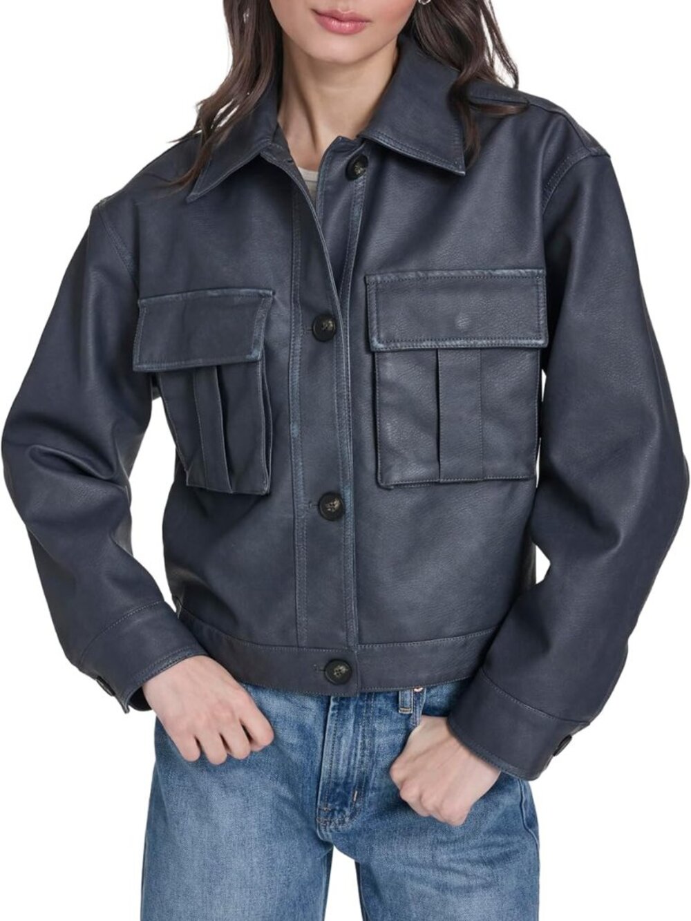 Levi's Womens Button Closure Shacket Jacket with Pockets: Denim Faux Leather, L